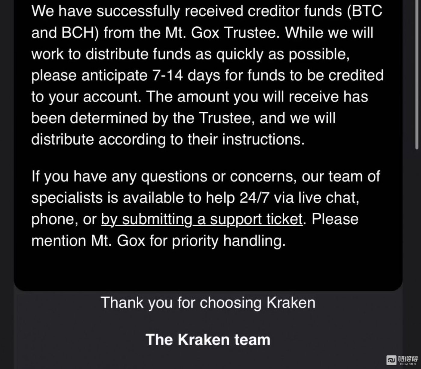 【链得得独家】Mt.Gox 受托人地址剩余43,114 BTC,Kraken将在7至14天内完成债权人偿还