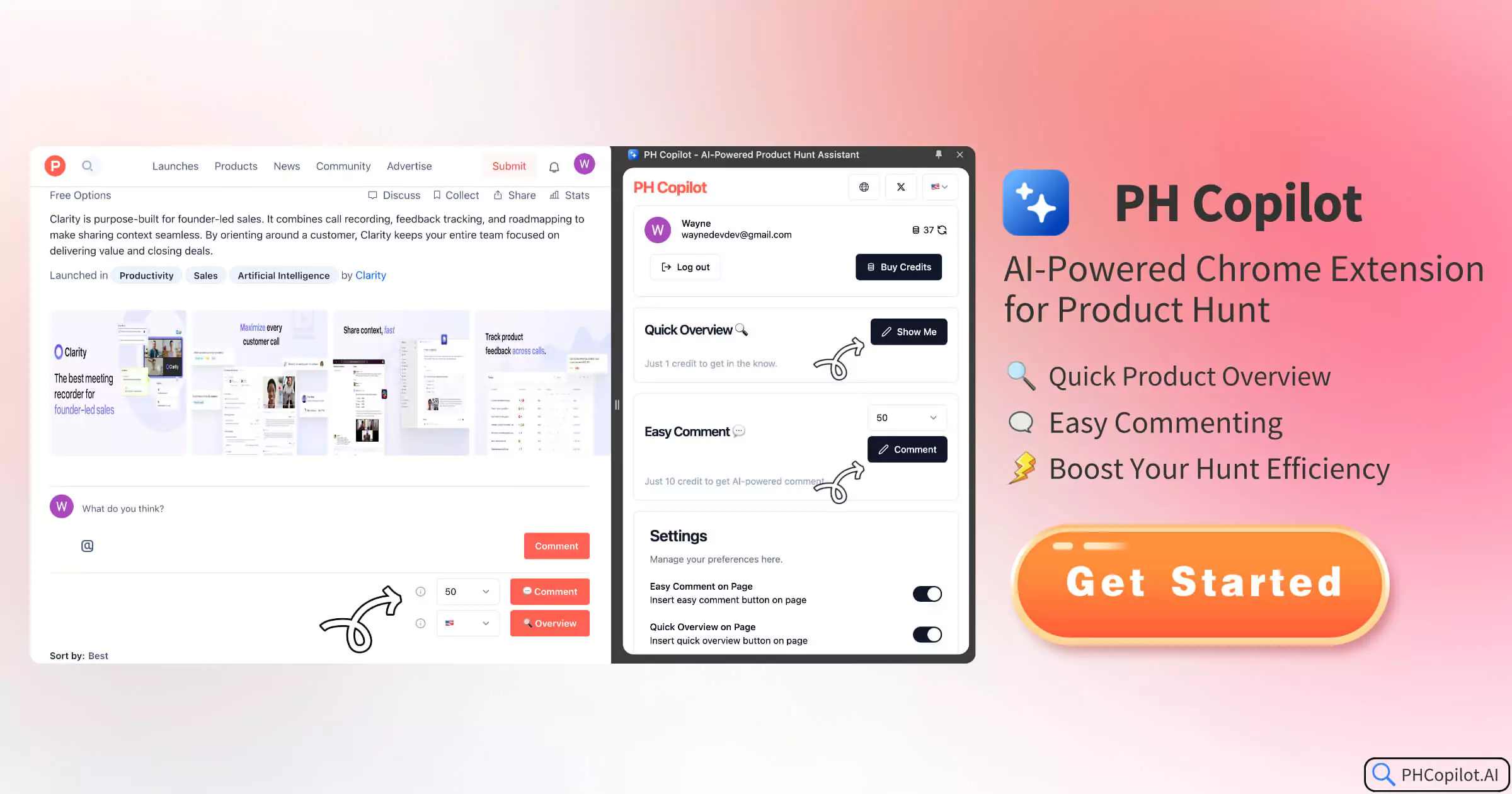 给 Product Hunt 用户开发了高效率插件, 10 秒了解产品和写打榜评论👏👏👏👏👏