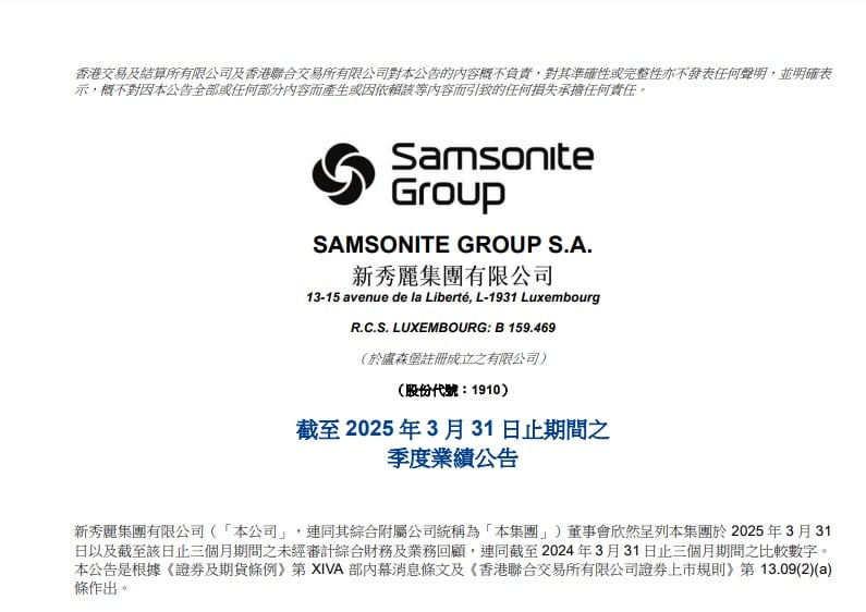 新秀丽今年前三个月销售净额同比降7.3%!公司股价跌超8%