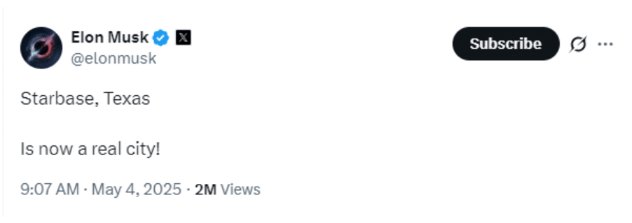 马斯克，大消息！「星舰基地」成为新城市，首任市长为SpaceX员工！是否后悔支持特朗普？他这样回应……