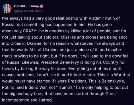 不爽普京，也不爽泽连斯基！特朗普猛批：疯狂、每句话都在制造麻烦、我不喜欢、最好立即停止