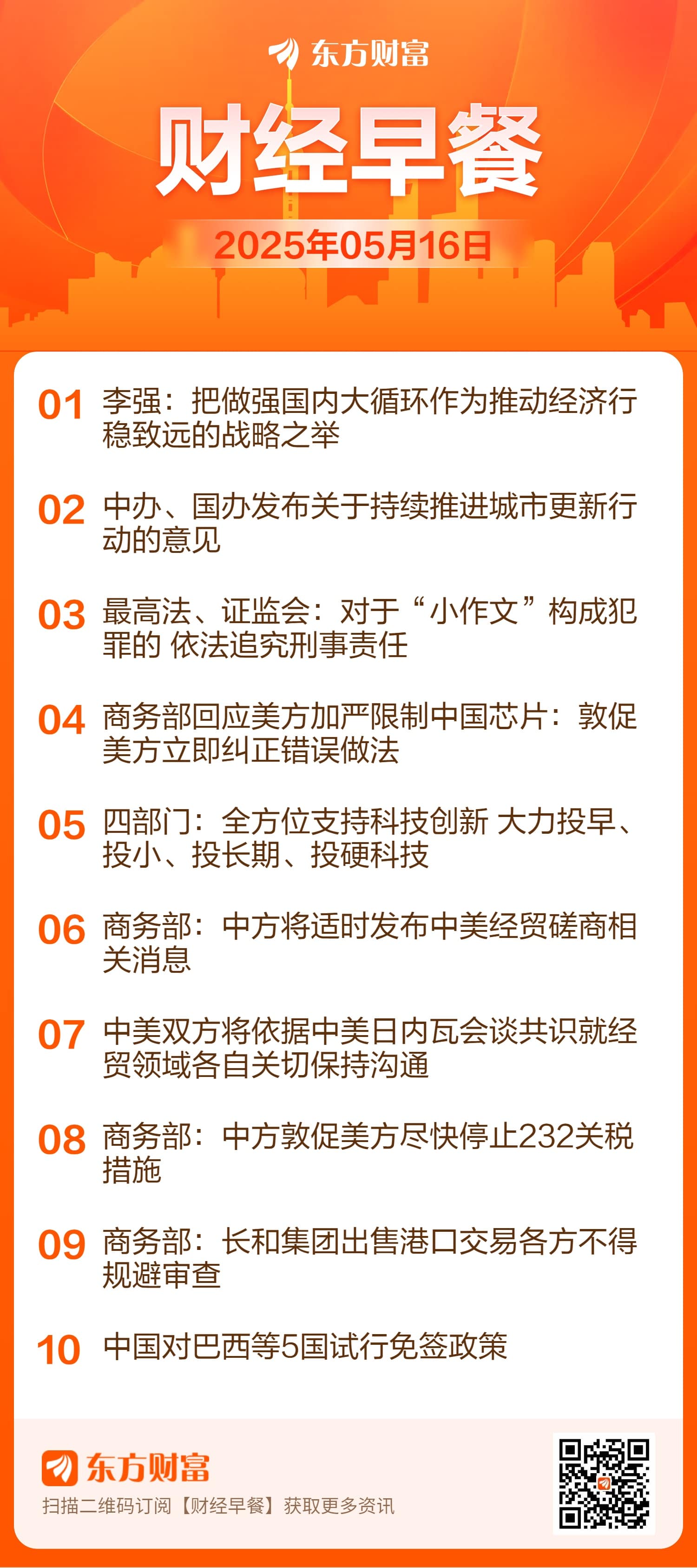 东方财富财经早餐 5月16日周五