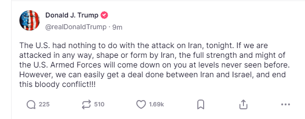 以色列：战斗机在德黑兰上空「自由飞行」！特朗普：「今晚的事与美国无关」！伊朗对以战机燃油生产设施发动袭击