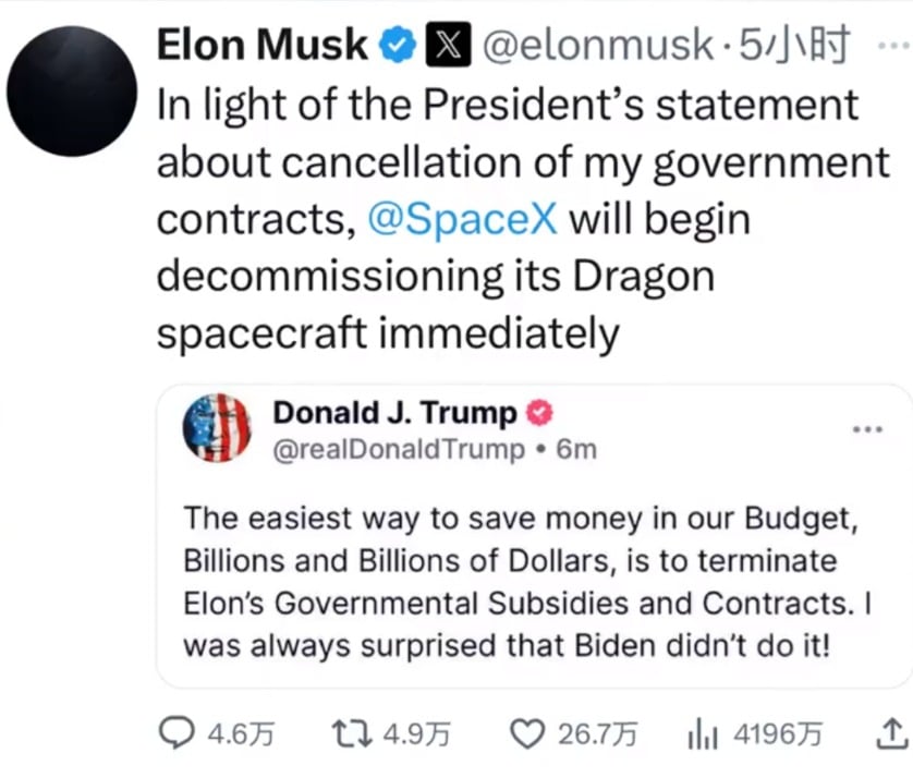 吵完架反悔了？马斯克改口：不会让「龙」飞船退役！从亲密无间到骂战不休 马斯克与特朗普如何反目成仇？