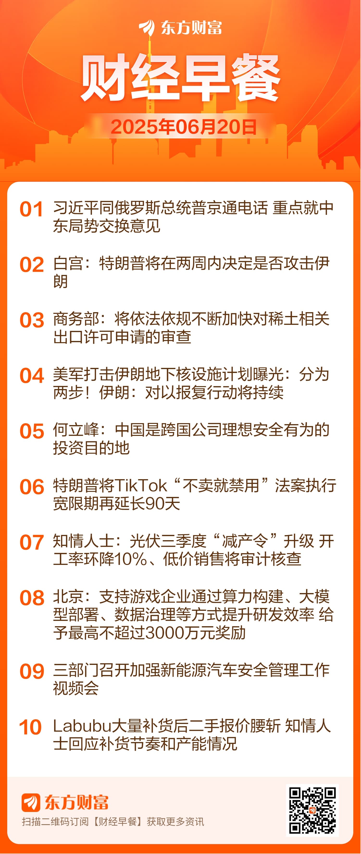 东方财富财经早餐 6月20日周五