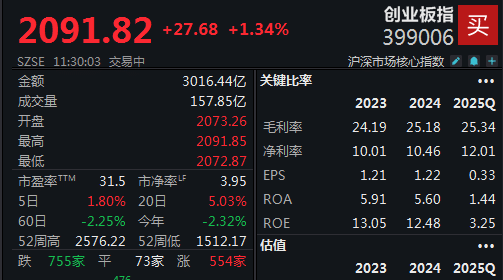 A股延续反弹，创业板指半日涨幅达1.34%