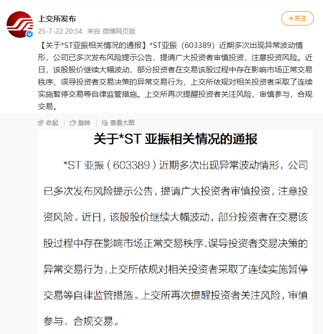 什么情况？*ST亚振复牌后两个涨停，不到四个月累计涨幅已超410%！上交所紧急通报