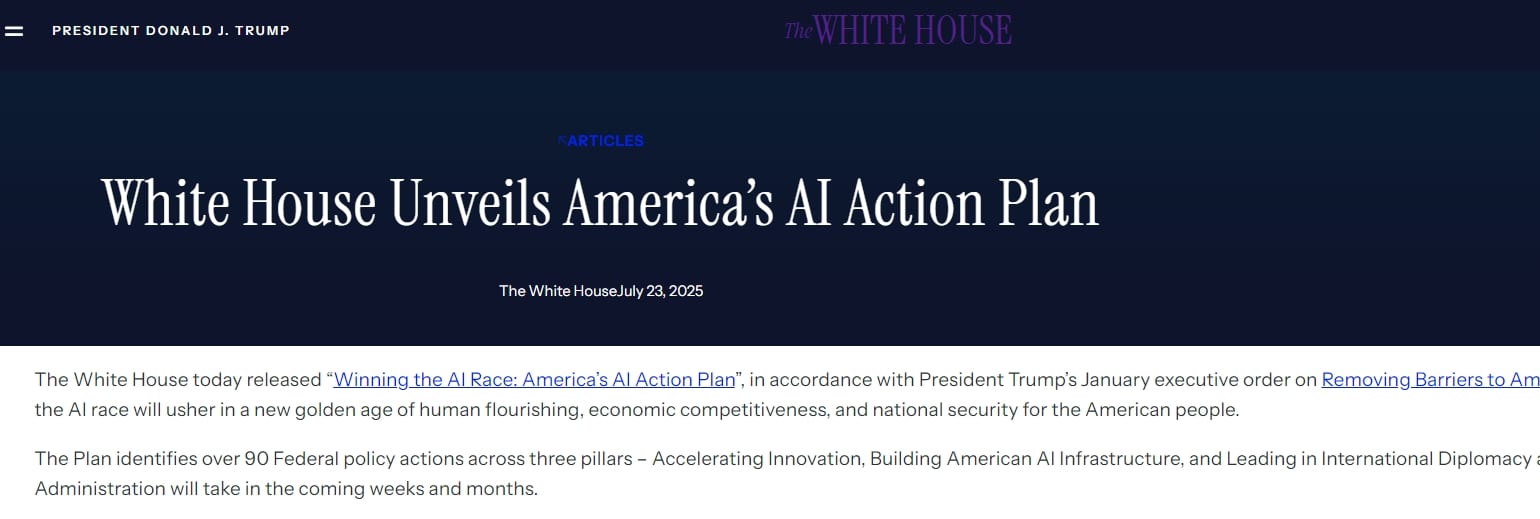 白宫发布人工智能行动计划 将减少监管并加快推动数据中心建设