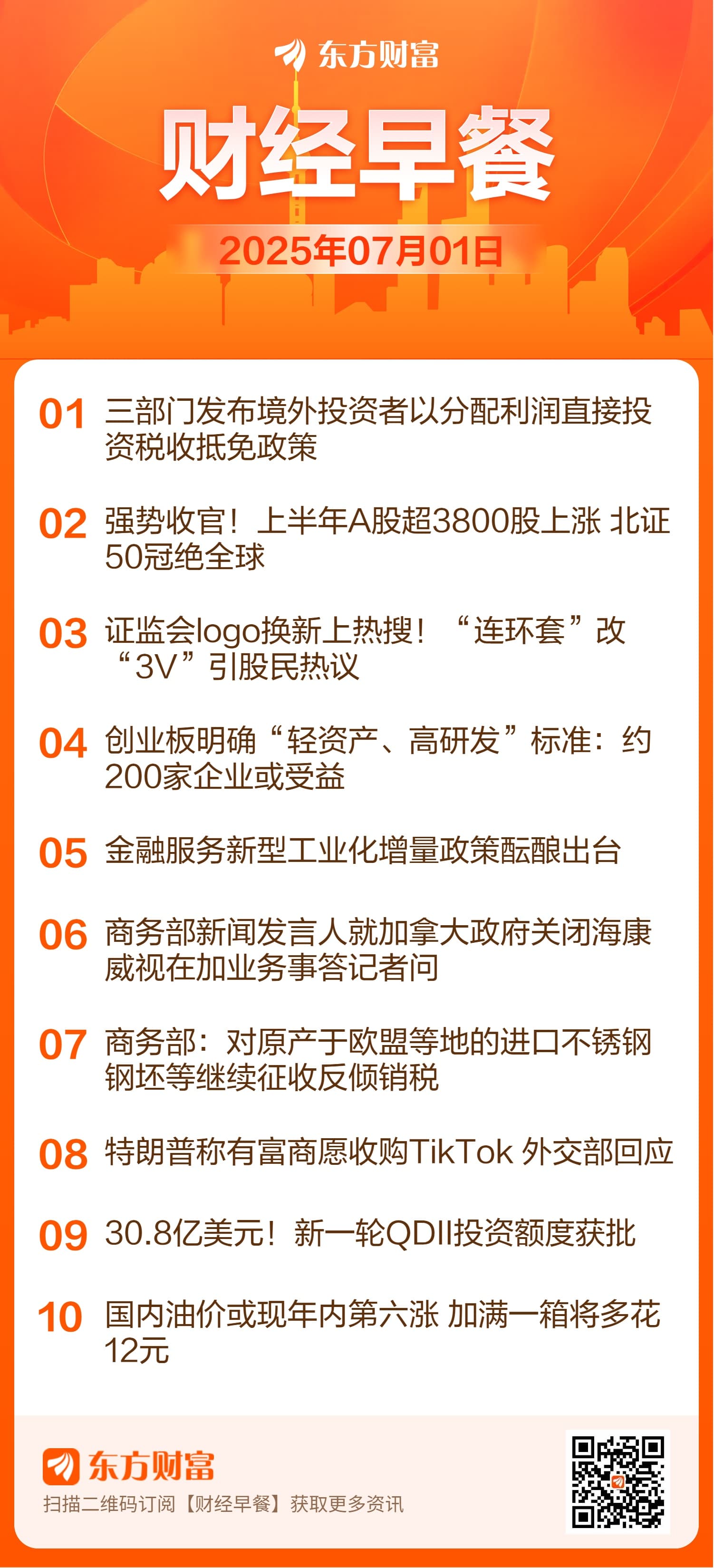 东方财富财经早餐 7月1日周二