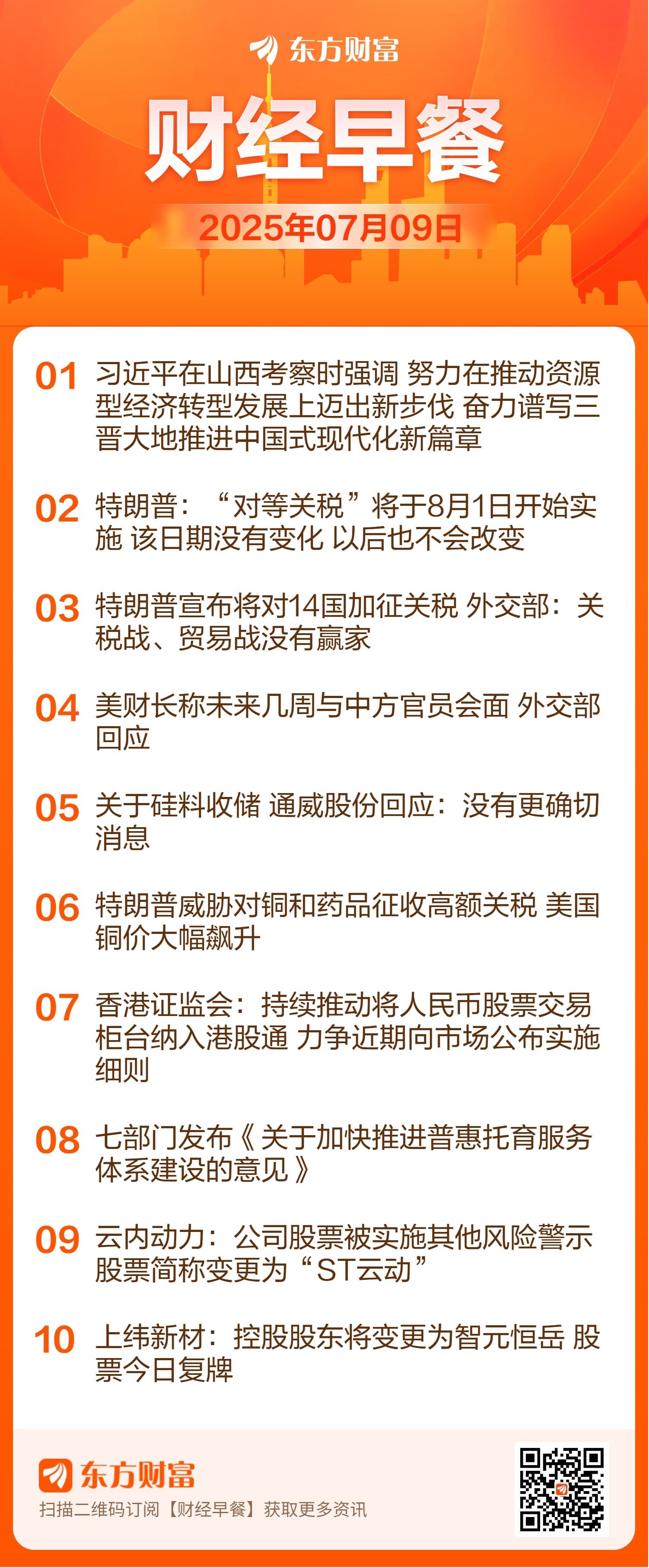 东方财富财经早餐 7月9日周三