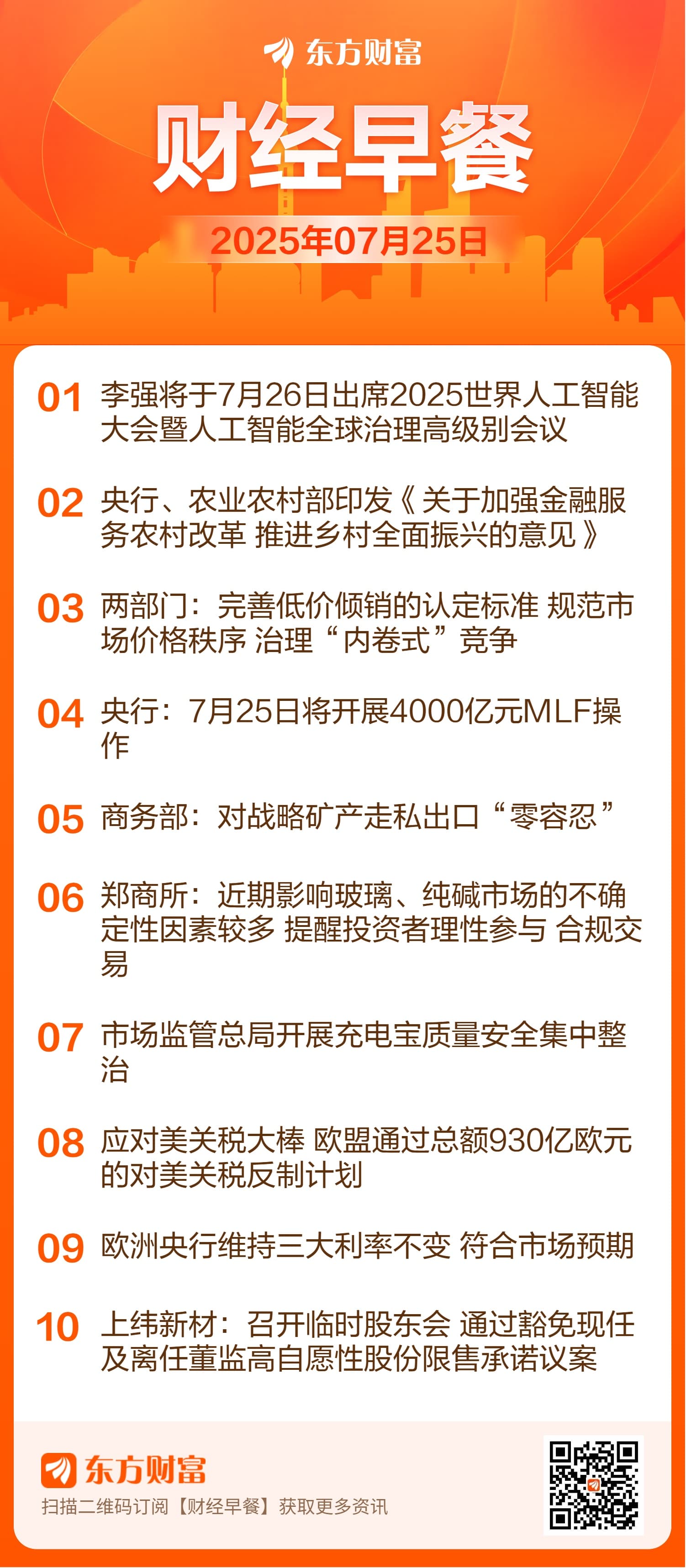 东方财富财经早餐 7月25日周五