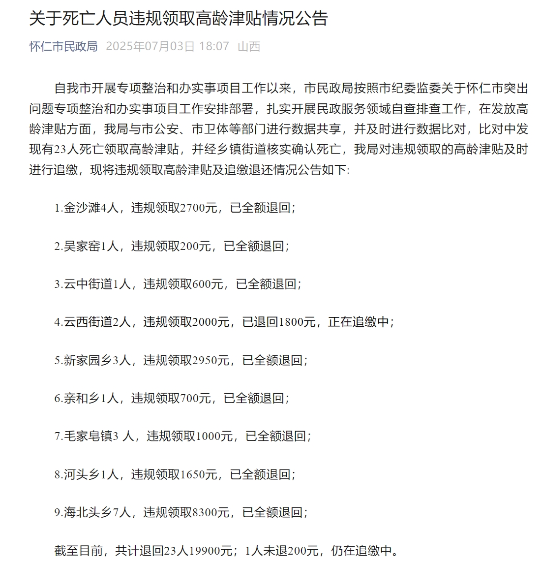 山西一地通报「23名死亡人员违规领取高龄津贴」：共计退回19900元，1人未退200元