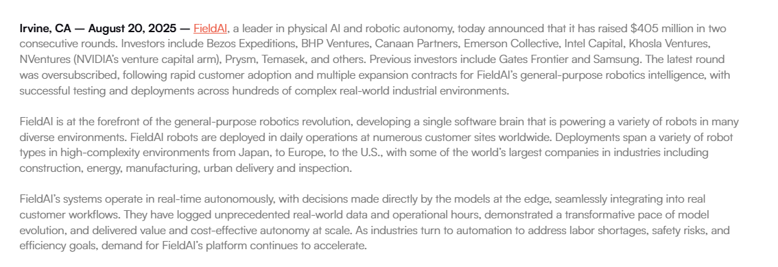 机器人初创公司Field AI融资后估值达20亿美元 投资方阵容极其豪华