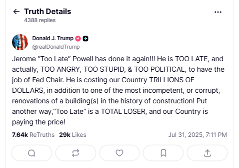 9月降息要泡汤？特朗普再炮轰鲍威尔：他不配担任美联储主席！