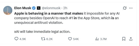 什么情况？马斯克威胁：将「立即」对苹果采取法律行动！