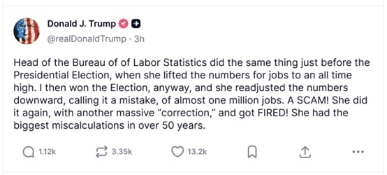 解雇劳工统计局局长引多方指责 特朗普再次炮轰：他在「制造骗局」！