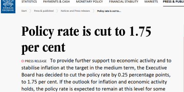 瑞典央行降息25个基点至1.75% 降息幅度超市场预期