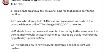 特朗普H-1B新政引恐慌 白宫紧急澄清:一次性收费、新老划断