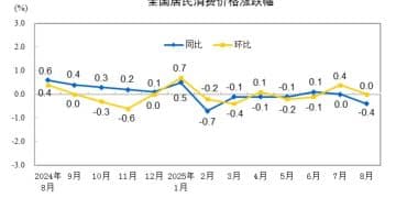 国家统计局：8月CPI同比下降0.4% PPI同比下降2.9%