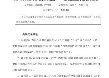 万科公告：再获20亿借款！深铁集团年内已向公司借款238亿