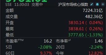 半日下跌1.23%，沪指失守3800点