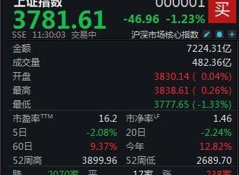 半日下跌1.23%，沪指失守3800点