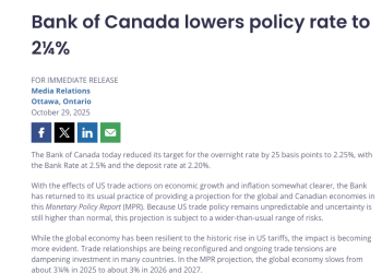 加拿大央行如期下调政策利率25基点 暗示「降息到这里差不多够了」