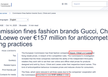 欧盟委员会对古驰、蔻依、罗意威处以罚款 总额超1.57亿欧元