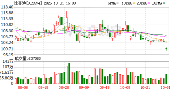 比亚迪：前10月新能源汽车销量同比增长13.88%