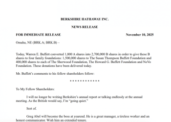 巴菲特发布谢幕信：已捐出13亿美元股票，不再写年度股东信