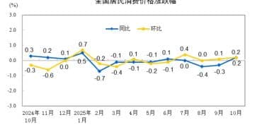 统计局：10月份CPI同比上涨0.2% PPI环比转涨