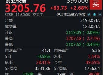 A股低开高走，创业板指半日大涨2.68%
