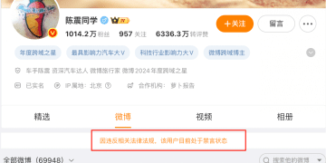 汽车大V陈震被多平台禁言 总粉丝超2400万