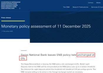瑞士央行宣布维持「0利率」 符合市场预期
