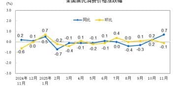 国家统计局：11月CPI同比上涨0.7% PPI同比下降2.2%