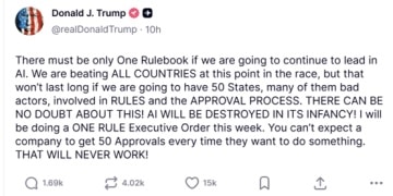 特朗普预告：本周将签行政令 为AI制定统一国家规则