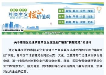 某企业涉嫌生产售卖具有儿童色情特征的「情趣娃娃」，广东惠阳官方最新通报！