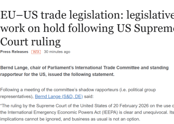 欧洲议会暂停批准欧美贸易协议 呼吁美国澄清不确定性