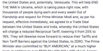 特朗普：美印达成贸易协议 印度同意停购俄油+5000亿商品采购