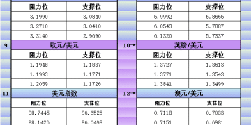 2月10日美市更新支撑阻力：18品种支撑阻力(金银铂钯原油天然气铜及十大货币对)